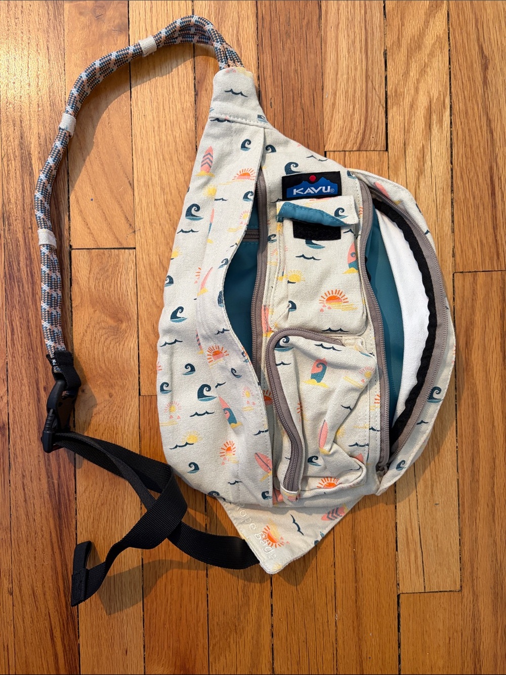 Kavu Cream Surf-Print Sling Belt Bag with Teal Lining